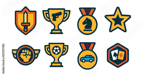 Flat vector icons of game genres in esports: MOBA battle badge, FPS tournament trophy, RTS strategy challenge medal, battle royale top player star, fighting game champion badge, sports simulation