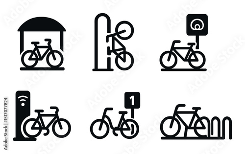 Bicycle silhouette icon set. cycling and bike parking symbols collection
