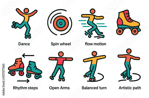 Roller skating flat icon set. skating, dance, and movement symbol collection