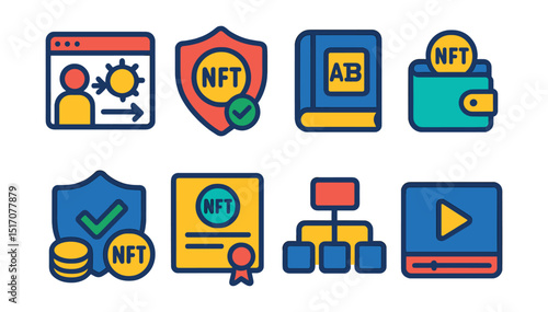 Flat vector icons of NFT onboarding and education: beginner tutorial icon, how-to-mint badge, NFT glossary, intro wallet setup, safe trading tips, NFT course certificate, onboarding flow icon,