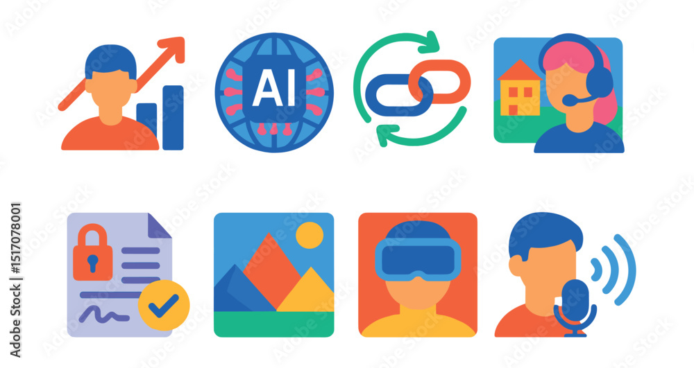 Fototapeta premium Flat vector icons of metaverse trends and innovation: trend graph with avatar, AI world builder, interoperability icon, user-generated world, smart contract integration, low-poly trend, VR-native UX,