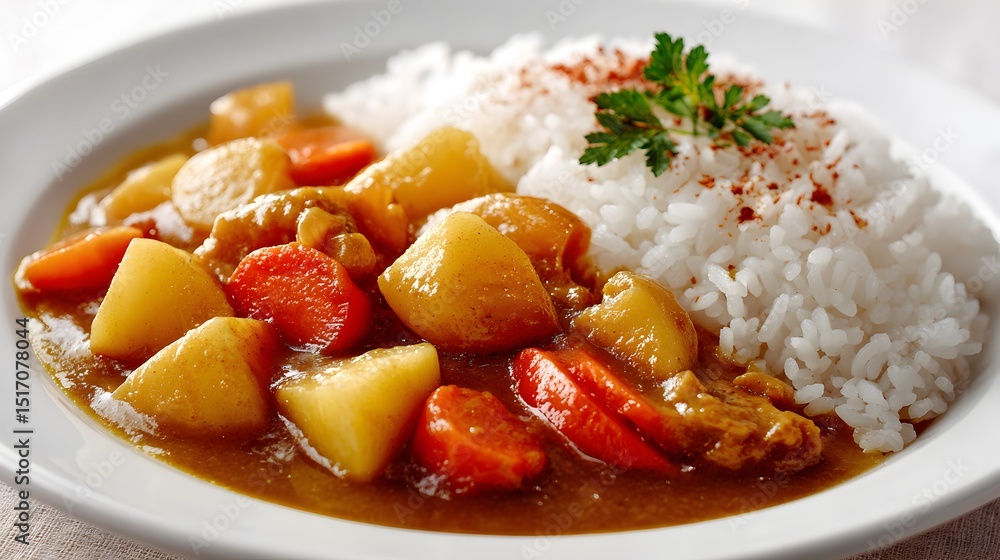 Delicious Japanese chicken curry served with fluffy white rice and vegetables on a white plate. Delicious Japanese chicken curry served with fluffy white rice and vegetables on a white plate.