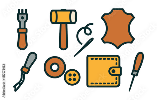 Flat vector icons of leathercraft: leather punch, rawhide mallet, leather sheet, needle and thread, edge beveler, snap buttons, wallet pattern, stitching awl.