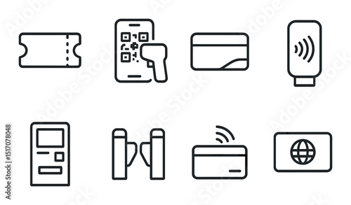 Public transport linear icon set: ticketing and payment symbols for travel