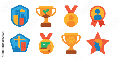 Flat vector icons of virtual worlds and simulations: virtual city badge, farming simulation trophy, life simulation game medal, business tycoon simulator ribbon, building and construction simulator