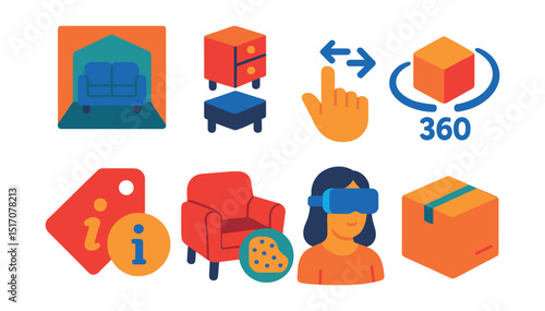 Flat vector icons of AR for product visualization: product in real room, exploded view icon, rotate and zoom gestures, 360-view icon, detail info tag, material change overlay, try-before-you-buy icon