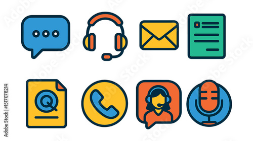 Flat vector icons of customer communication channels: live chat bubble, call center phone, support email icon, contact form symbol, FAQ sheet, support hotline icon, chat with agent badge, feedback