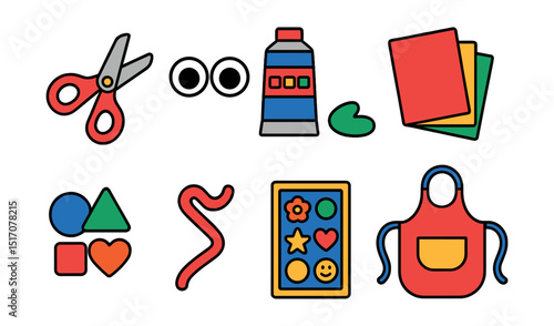 Flat vector icons of kids crafts: safety scissors, googly eyes, finger paint, colored paper, foam shapes, pipe cleaner, sticker sheet, kids apron.