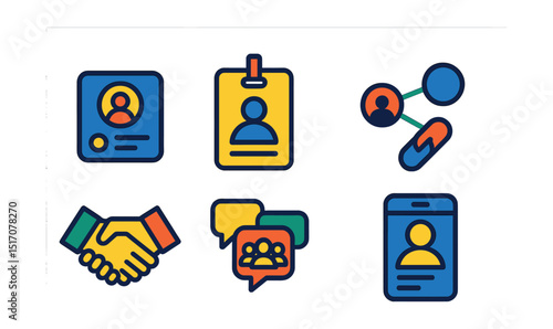 Flat vector icons of networking and mentorship: business contact icon, networking event badge, peer connection line, referral link icon, mentorship handshake, career group chat, industry meetup