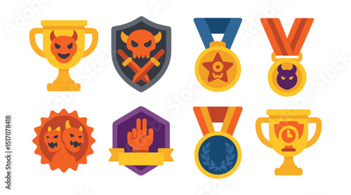 Flat vector icons of boss battles and challenges: final boss trophy, dungeon boss slayer badge, elite monster hunter star, raid boss victory medal, multi-phase battle achievement ribbon, epic