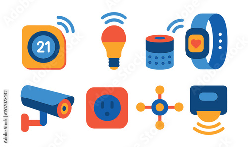 Flat vector icons of IoT devices: smart thermostat, connected lightbulb, smart speaker, wearable tracker, security camera, smart plug, IoT hub, motion sensor.