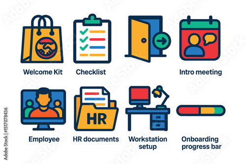 Flat vector icons of onboarding and first job steps: welcome kit, new hire checklist, office tour icon, intro meeting calendar, employee orientation, HR documents folder, workstation setup,