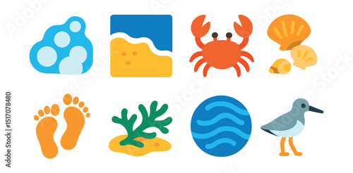 Flat vector icons of beach and shore life: sea foam, tide line, beach crab, small shells, footprints in sand, washed-up seaweed, ocean ripple, shorebird.