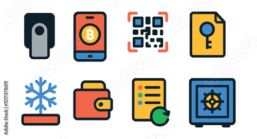 Flat vector icons of crypto wallets: hardware wallet device, mobile wallet app, QR code scanner, private key file, cold storage icon, wallet backup, seed phrase symbol, secure vault icon.