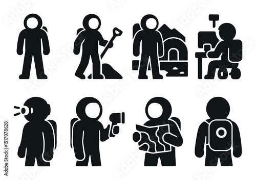 Adventure activities silhouette icon set. exploration and outdoor symbols