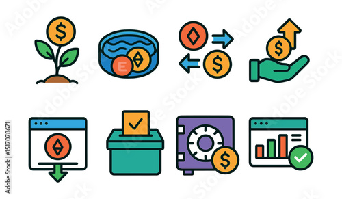 Flat vector icons of DeFi (Decentralized Finance): yield farming, liquidity pool icon, DEX exchange, lending protocol, borrowing interface, DAO voting icon, collateral vault, DeFi dashboard.