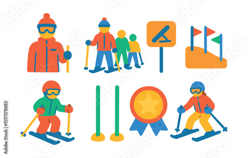 Flat vector icons of ski school: ski instructor, group lesson, beginner sign, practice area, child skier, learning poles, progress badge, snowplow pose.