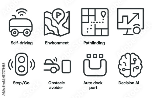 Autonomous vehicle flat icon set. self-driving and ai technology symbols