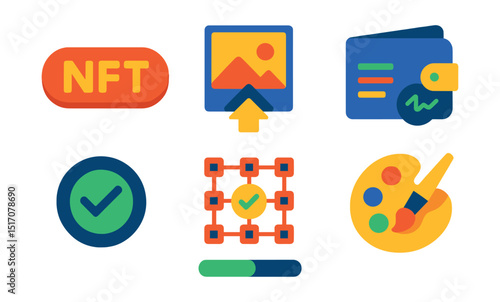 Flat vector icons of minting and creation: mint NFT button, upload artwork icon, metadata panel, wallet signature icon, confirmation badge, on-chain minting, minting progress bar, art creation symbol