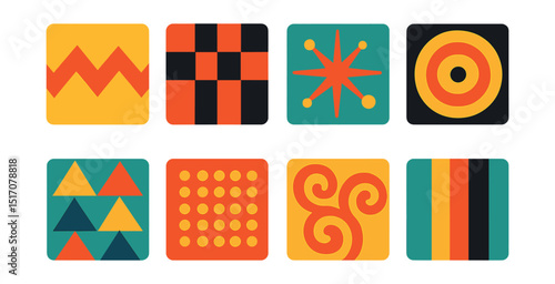 Flat vector icons of retro design patterns: zigzag line, checkerboard tile, atomic starburst, mod circles, pastel triangles, halftone dots, wallpaper swirl, vintage stripes.