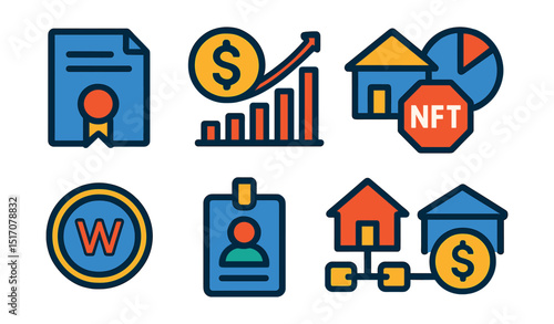 Flat vector icons of digital assets and tokenization: digital certificate, tokenized stock icon, real estate NFT, fractional ownership symbol, wrapped token, digital ID badge, on-chain property,