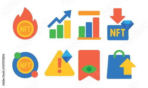 Flat vector icons of NFT trends and market movements: trending token flame, top collection graph, market volume chart, floor price drop, NFT bubble icon, rare find alert, watchlist icon, sales surge.