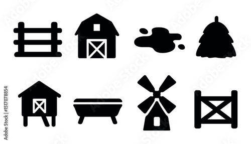 Farm and agriculture silhouette icon set. barnyard and rural design symbols