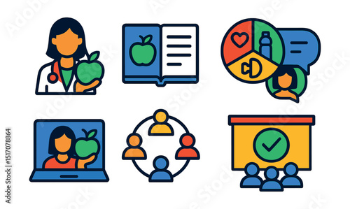 Flat vector icons of lifestyle, education and coaching: nutritionist avatar, food journal icon, healthy habits wheel, lifestyle coaching chat, online nutrition course, community support circle,