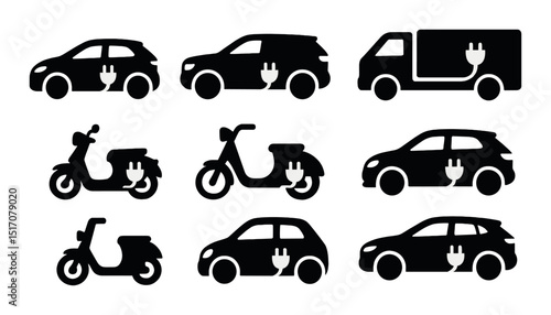 Electric vehicles icon set: silhouette style for green energy and eco-friendly transport