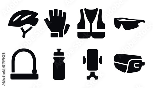 Cycling equipment silhouette icon set. bike safety and gear essentials