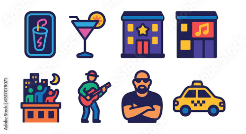 Flat vector icons of nightlife in the city: neon sign, cocktail glass, night club building, music bar, rooftop party, street musician, bouncer, night taxi.