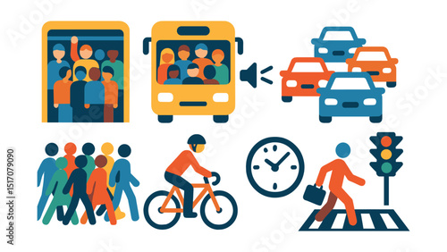 Flat vector icons of rush hour: crowded metro, packed bus, honking cars, traffic jam, pedestrian crowd, cycle commute, time pressure, city crossing.