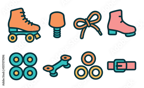 Roller skating flat icon set. skating gear and equipment symbols collection
