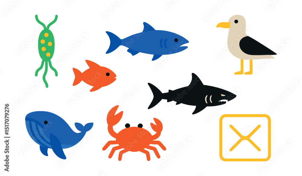Flat vector icons of ocean food chain: plankton, small fish, predatory fish, sea bird, filter feeder, scavenger crab, apex predator, food web symbol. Flat vector icons of ocean food chain: plankton, small fish, predatory fish, sea bird, filter feeder, scavenger crab, apex predator, food web symbol.