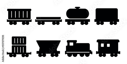 Transportation silhouette icon set. rail, cargo, and train symbols for design