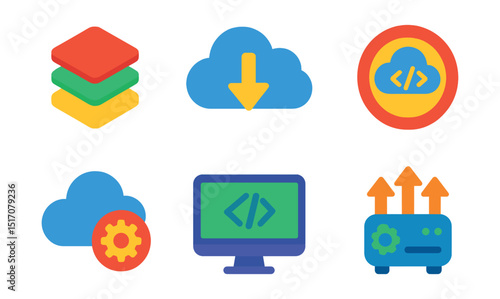 Flat vector icons of PaaS (Platform as a Service): platform stack icon, code deployment cloud, development tools in cloud, app hosting badge, cloud runtime, middleware gear, dev environment, scalable