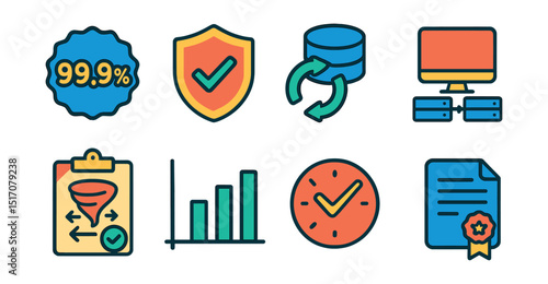 Flat vector icons of reliability and uptime: 99.9% uptime badge, service guarantee shield, redundant backup icon, failover system, disaster recovery plan, reliability chart, availability icon, SLA