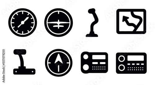 Aviation silhouette icon set. aircraft, navigation, and flight symbols