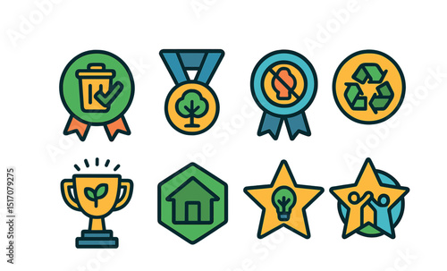 Flat vector icons of sustainability achievements: completing zero-waste challenge badge, planting 100 trees medal, achieving plastic-free month ribbon, leading a recycling project badge, finishing