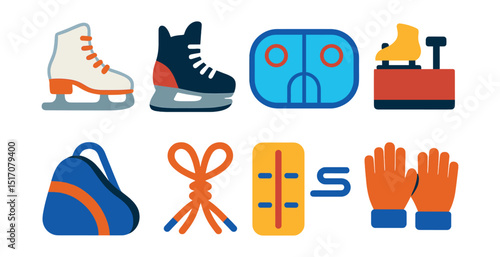 Flat vector icons of ice skating: figure skates, hockey skates, ice rink, skate sharpener, skate bag, laces, rink lines, warm gloves.