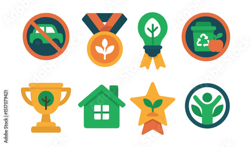 Flat vector icons of eco-friendly lifestyle achievements: going car-free badge, finishing composting challenge medal, practicing energy conservation ribbon, achieving zero-waste kitchen badge,