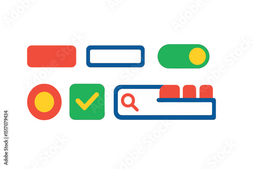 Flat vector icons of user interface components: button, input field, dropdown menu, toggle switch, radio button, checkbox, search bar, navigation tab.