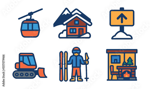 Flat vector icons of ski resort scenes: mountain lift, ski chalet, rental center, slope sign, snowcat machine, ski instructor, ticket booth, lodge interior.