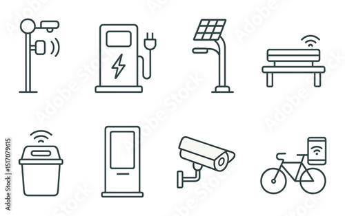 Smart city linear icon set: urban infrastructure and technology symbols