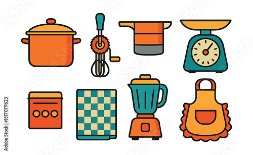 Flat vector icons of retro kitchen: enamel pot, egg beater, flour sifter, vintage scale, spice tin, checkered towel, retro blender, apron with ruffles.