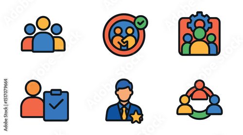 Flat vector icons of team and group roles: team icon, user group, collaboration badge, project team avatar, task assignment icon, team leader profile, group diversity icon, unified team symbol.