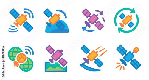 Space and gps flat icon set. satellite, navigation, and orbit symbols