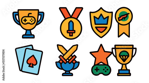 Flat vector icons of gaming competitions: online gaming tournament trophy, RPG quest challenge medal, MOBA esports champion badge, FPS shooter competition ribbon, card strategy tournament badge,