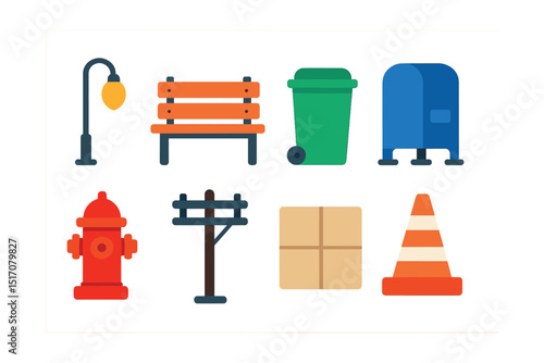 Flat vector icons of street elements: streetlamp, bench, trash bin, mailbox, hydrant, electric pole, sidewalk tile, traffic cone.
