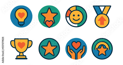Flat vector icons of resilience and well-being ratings: mental wellness program badge, emotional resilience coaching star, therapy success rating, stress management workshop medal, self-care program